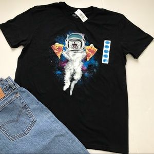 Galaxy Cat Pizza Space Astronaut Black TEE-LUV NWT
